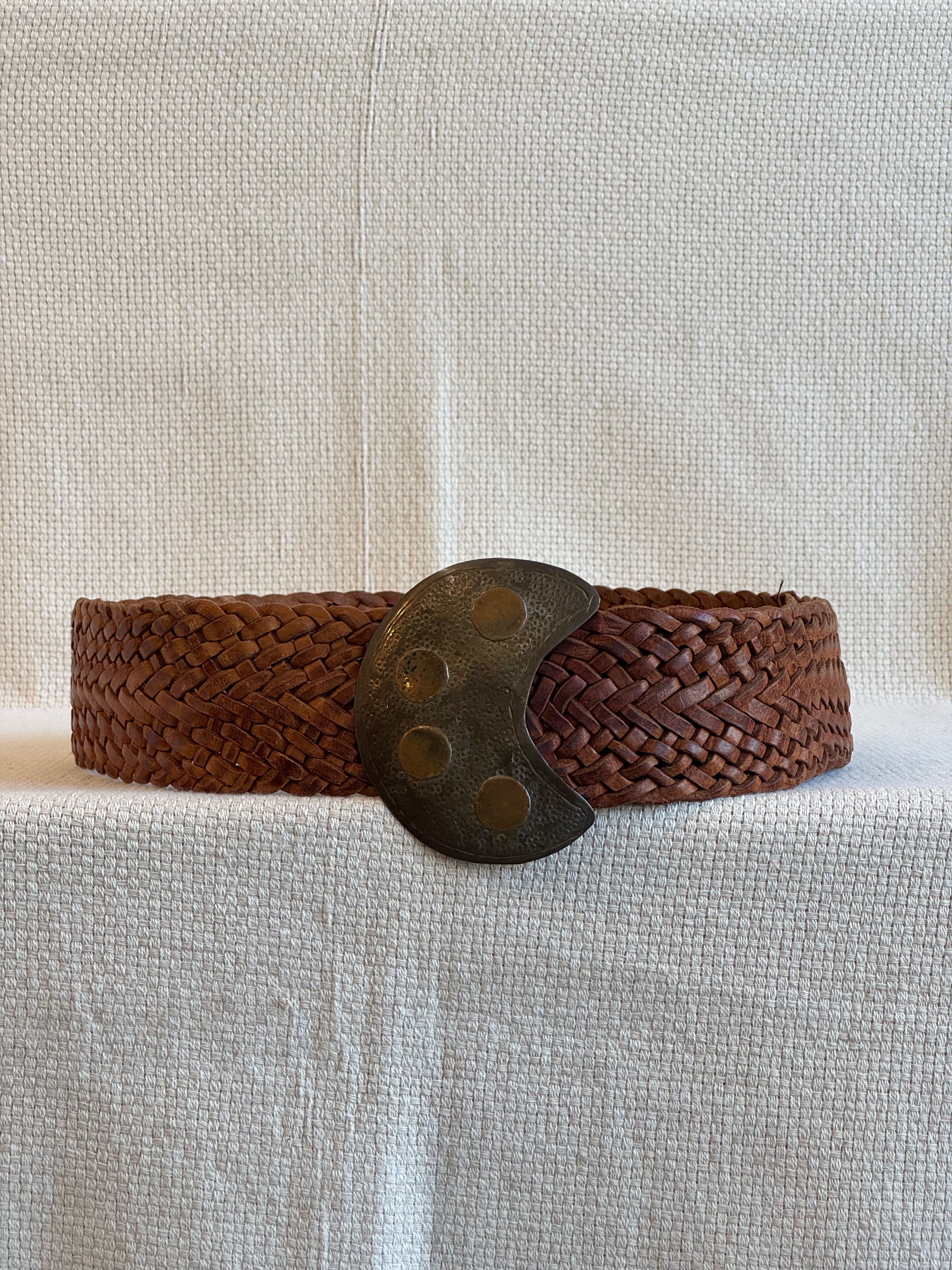Braided leather belt metal buckle